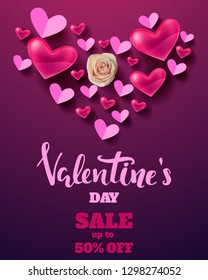 Valentines Day sale banner, background with hearts and realistic rose,  Valentines day design template 