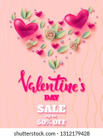 Valentines Day sale banner, background with hearts realistic roses and green leaves, Valentines day design template