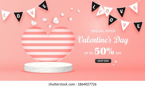 Valentine's day sale banner. Background elements for advertising decorated with marble podium, heart shape, flag fancy, and white paper hearts. Composition for product. Vector illustration.