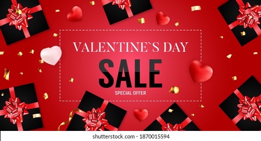 Valentine's Day sale banner Background Design. Template  for advertising, web, social media and fashion ads.  Horizontal poster, flyer, greeting card, header for website  Vector Illustration. 