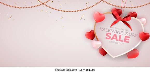 Valentine's Day sale banner Background Design. Template  for advertising, web, social media and fashion ads.  Horizontal poster, flyer, greeting card, header for website  Vector Illustration