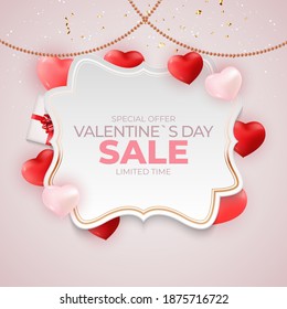 Valentine's Day sale banner Background Design. Template  for advertising, web, social media and fashion ads.  Horizontal poster, flyer, greeting card, header for website  Vector Illustration