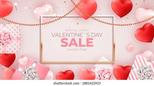 Valentine's Day sale banner Background Design. Template  for advertising, web, social media and fashion ads.  Horizontal poster, flyer, greeting card, header for website  Vector Illustration