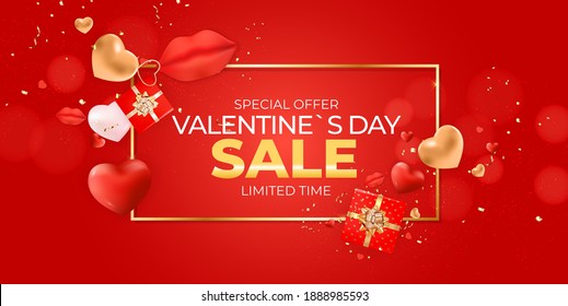 Valentine's Day Sale Banner Background Design. Template  For Advertising, Web, Social Media And Fashion Ads.  Horizontal Poster, Flyer, Greeting Card, Header For Website  Vector Illustration