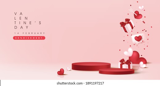 Fondo de banner de la venta del día de San Valentín con forma cilíndrica de la pantalla del producto. 