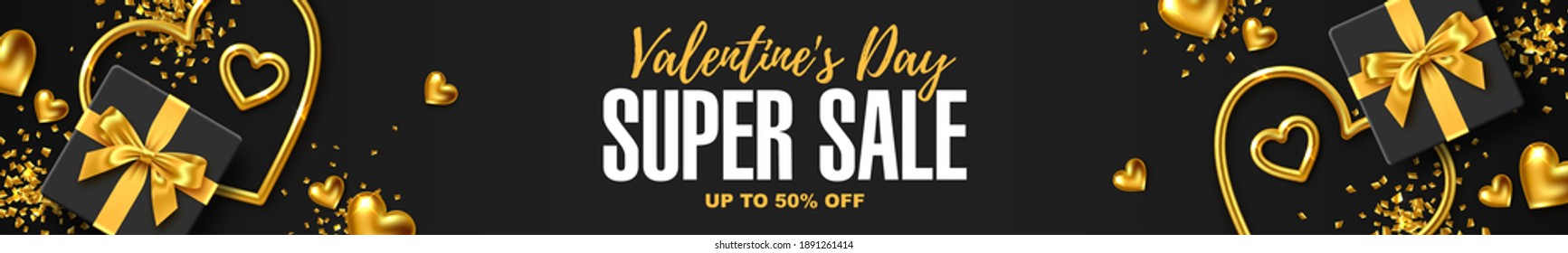 Valentine's Day sale banner background. Header for website with romantic holiday design of black gift box with gold bow and gold hearts jewelery on black background vector illustration