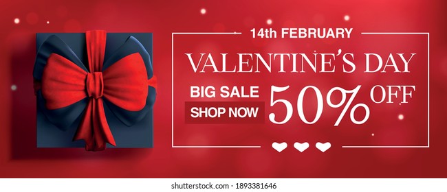 Valentine's day sale banner background for flyer or web-site header. Gift box with red bow. Cute love banner or Valentines greeting card. Vector illustration.