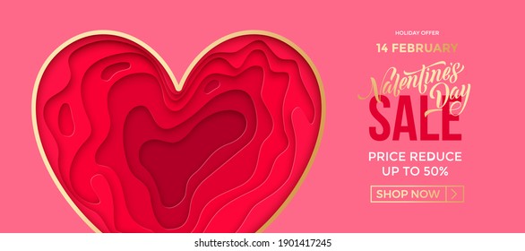 Valentine's day sale banner background. Valentines day papercut with gold heart frame on pink background. Web site banner or greeting card concept.