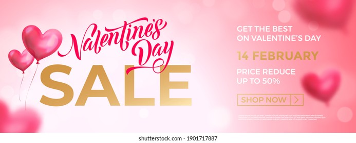 Valentine's day sale banner background. Valentines day lettering promo design with heart balloon background.