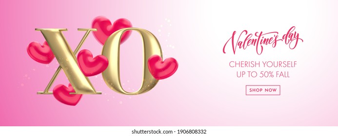 Valentine's day sale banner background with XO gold text. Hugs and Kisses concept of Valentines day with red heart balloon on pink bokeh background. Web site banner or greeting card