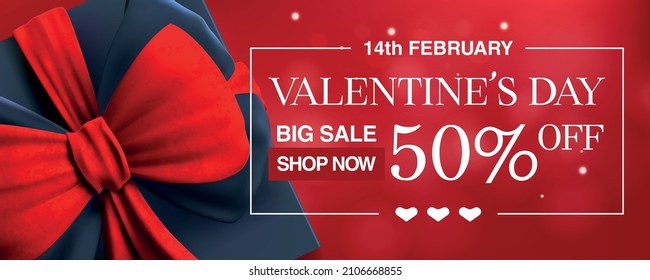Valentine's day sale banner background for flyer or web-sete header, Gift box with bow, Cute love banner or Valentines greeting card, Premium Vector