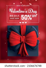 Valentine's day sale banner background for flyer or web-sete header, Gift box with bow, Cute love banner or Valentines greeting card, Premium Vector