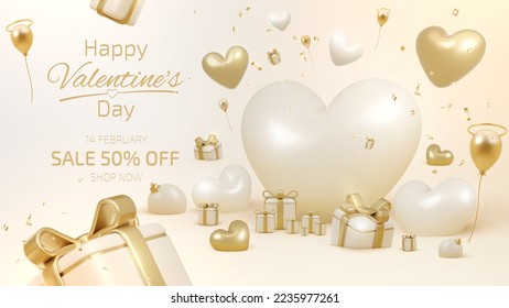 Valentine's day sale banner background with 3d realistic heart shape and gift box elements and balloons and ribbons decorations. Luxury design concept. Vector illustration.