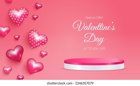 Valentine's day sale banner background with podium pedestal, minimalist design for product display presentation