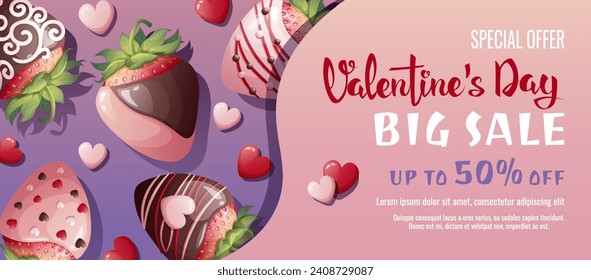 Valentine's day sale banner. Background, poster with ripe strawberries in chocolate. Discount voucher template for love day.