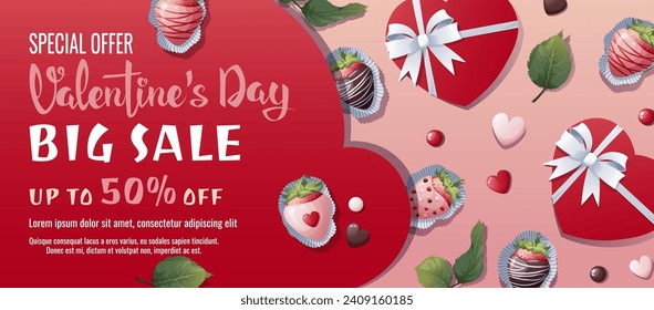 Valentine's day sale banner. Background, poster, flyer with a box of chocolate covered strawberries and a heart. Discount voucher template for love day.