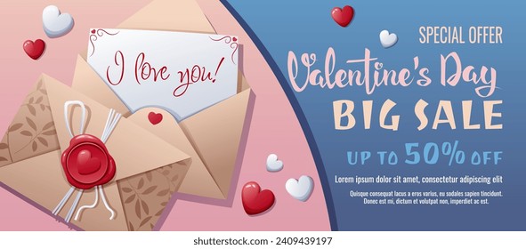 Valentine's day sale banner. Background, poster with a love letter in an envelope with a wok seal and hearts. Discount voucher template for love day.