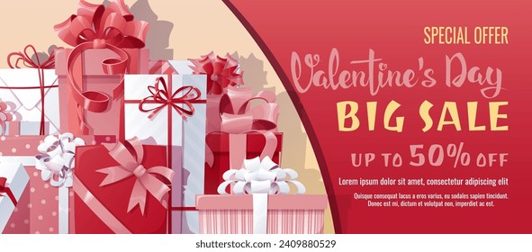 Valentine's day sale banner. Background, poster, flyer with a bunch of gifts decorated with bows. Discount voucher template for love day, wedding.