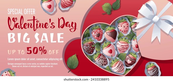 Valentine's day sale banner. Background, poster, flyer with a box of chocolate covered strawberries and a heart. Discount voucher template for love day.