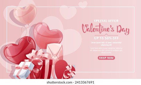 Cartel de la venta del día de San Valentín. Fondo con globos y caja de regalo. Volante, oferta de descuento, publicidad. El afiche es perfecto para promocionar las vacaciones.