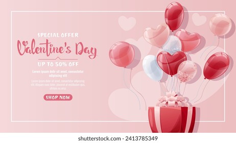 Valentine's Day Sale Banner. Background with balloons and gift box. Flyer, discount offer, advertising. The poster is perfect for a holiday promotion.