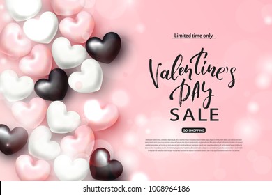 Valentine's day sale banner. Beautiful Background with Realistic Hearts. Vector illustration for website , posters, email and newsletter designs, ads, coupons, promotional material.