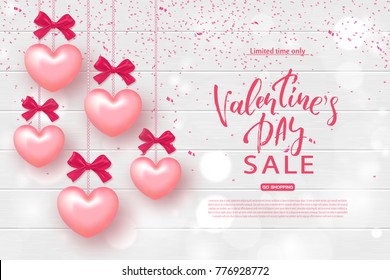Valentine's day sale banner. Beautiful Background with Realistic Hearts on Wooden Texture. Vector illustration for website , posters, email and newsletter designs, ads, coupons, promotional material.