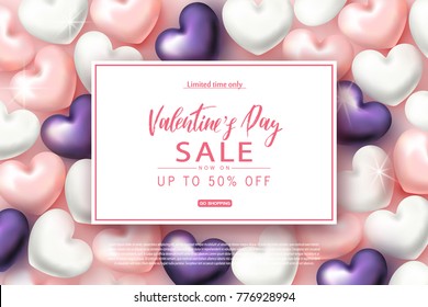 Valentine's day sale banner. Beautiful Background with Realistic Hearts. Vector illustration for website , posters, email and newsletter designs, ads, coupons, promotional material.