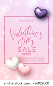 Valentine's day sale banner. Beautiful Background with Realistic Hearts. Vector illustration for website, posters, email and newsletter designs, ads, coupons, promotional material.