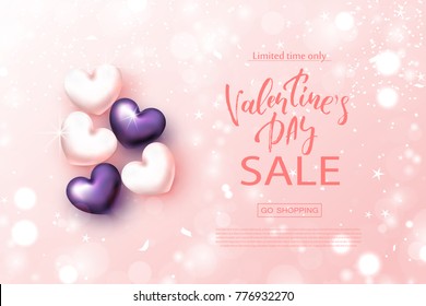 Valentine's day sale banner. Beautiful Background with Realistic Hearts. Vector illustration for website , posters, email and newsletter designs, ads, coupons, promotional material.