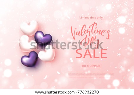 Valentine's day sale banner. Beautiful Background with Realistic Hearts. Vector illustration for website , posters, email and newsletter designs, ads, coupons, promotional material.