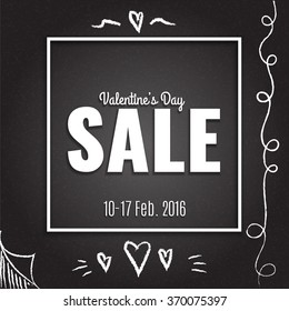 Valentine's Day Sale banner. Chalk board background. Hand drawn hearts and waves. Stock vector.