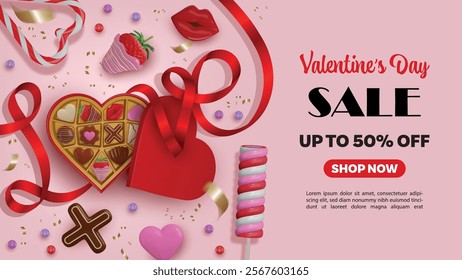 valentine's day sale banner with chocolate heart shaped box and sweets. valentine poster with chocolates, heart shaped box and ribbon