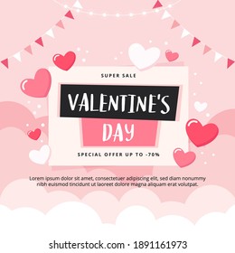 Valentine's Day sale banner with clouds and hearts. Vector illustration