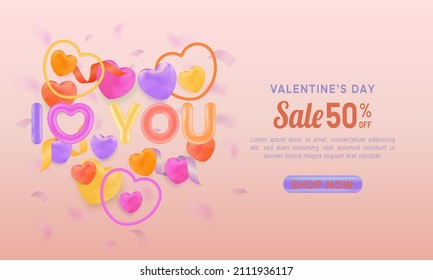 Valentine's day sale banner with colorful heart shaped balloons in pastel light orange background