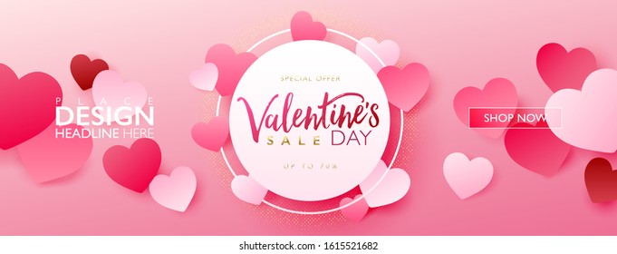 Valentine's day sale banner concept. Seasonal marketing design layout. Pink theme design with heart paper craft on pink background. Vector illustration template.