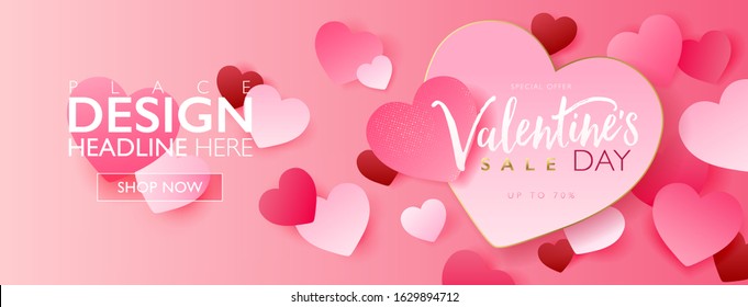 Valentine's day sale banner concept. Seasonal marketing design layout. Pink heart paper craft with golden border and glitter on pink background. Vector illustration template.