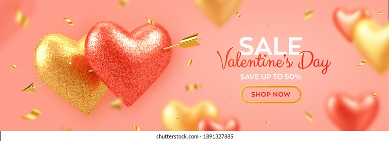 Valentines day sale banner. Couple shining realistic red and gold heart shaped balloons with glitter texture pierced by cupids golden arrow and confetti. Background, flyer, greeting card. Vector.