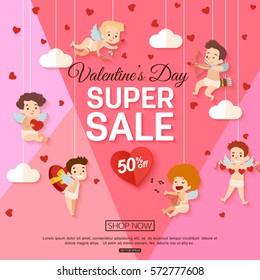 Valentines day sale banner with cupid for online shopping, special offer. Vector illustration.
