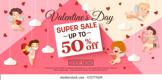 Valentines day sale banner with cupid for campaign, online shop. Vector illustration.