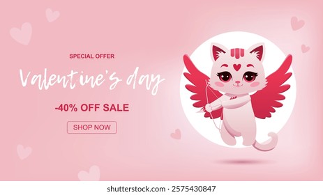 Valentine's day sale banner with cute cat cupid character. Promotion, shopping template background. Vector illustration.