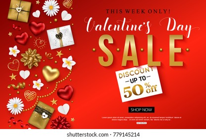 Valentines day sale banner decorated top view hearts, gift box, serpentine, stars and flowers. Vector illustration.