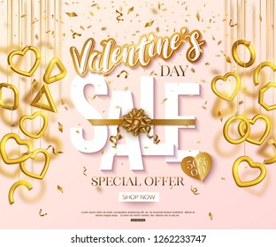 Valentines Day sale banner design with hanging 3d gold hearts and confetti. Lettering cut paper style. Love vector illustration