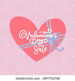 Valentine's day sale banner design template with big heart with bow and hand lettering calligraphy text. Vector logo and Illustration for sale tag or label. Flat vector banner. EPS 10.