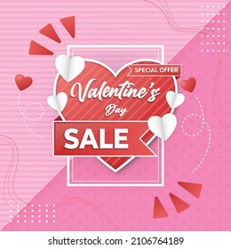 Valentine's day sale banner design for social media, website or for printing. with paper cut heart shape ornaments and abstract ornaments.