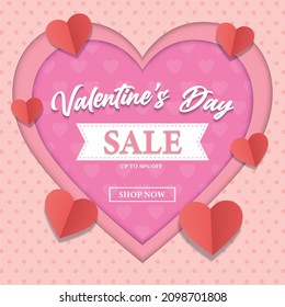 Valentine's day sale banner discount up to 50%. Paper cut style design with love-shaped ornaments. suitable for social media, websites and can also be printed