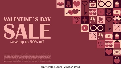 Valentines day Sale banner, flyer with symbols of holiday and love on geometric background. Romantic advertise of discounts and invitation for shopping. Vector illustration