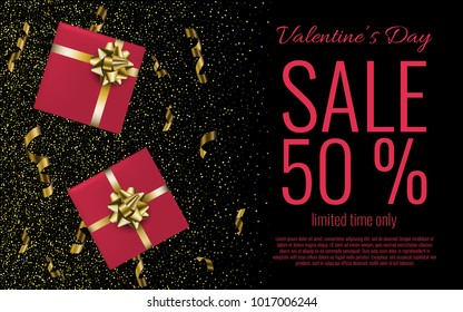 Valentine's Day Sale banner with gift boxes background. Stock vector