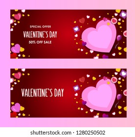 Valentines day sale banner, Happy Valentines day background. Horizontal Holiday poster with many colors hearts, balloon. Pink hearts, red background.
