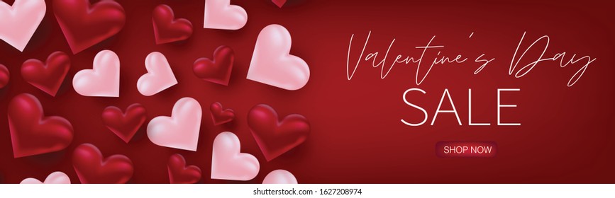Valentines Day sale banner or header. Background with 3d pink and red hearts. Love design concept. Vector illustration.